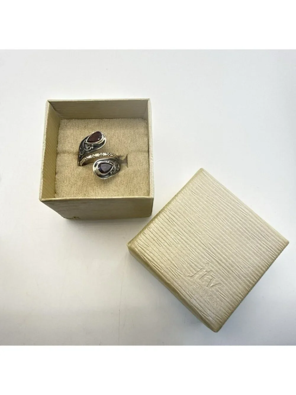 JTV Sterling Silver Ring Garnet Red Bypass Wrap 925 Adjustable Sz 9-11